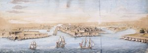 Ein Vogelschau von Valetta vom Meer aus, mit Kriegsschiffen, die in den Hafen einlaufen