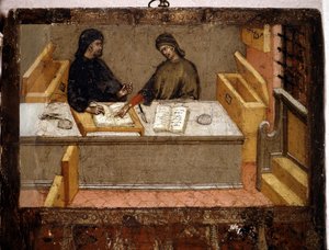 Ein Camerlinguist und ein Steuereintreiber im Büro, Biccherna (Deckblatt des Rechnungsregisters der Stadt Siena) von 1394. Nationalarchiv - Museo delle Tavolette de Bicherna, Siena.