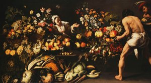 Eine Speisekammer mit Gemüse, Blumen und Obst von Italian School