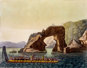 Ein befestigter Aussichtspunkt der Maori in Neuseeland, kombiniert mit einem Maori-Kriegskanu, 1820er-30er Jahre von Italian School