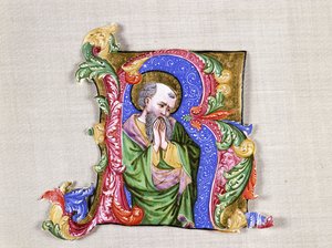 Ein betender Heiliger, eine große historiierte Initiale R, ca. 1400 von Italian School