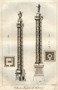 Ein Querschnittsdiagramm der Trajanssäule (Trajane-Säule) (113 n. Chr.) und der Säule des Antoninus Pius (161 n. Chr.) in Rom - Gravur aus „Usi e Costumi di Tutti i Popoli dell