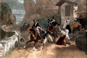 Ein Kampf zwischen Banditen und den Karabinieri des Papstes in Sardinien, Italien. 19. Jahrhundert