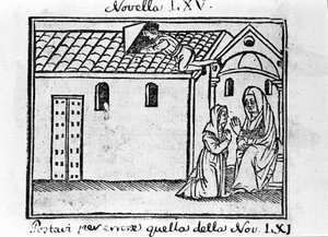 Ein eifersüchtiger Ehemann verkleidet sich als Priester, um das Geständnis seiner ehebrecherischen Frau zu sammeln. Illustration zur Novelle 65 (Novelle 5 des siebten Tages) des „Decameron“ von Giovanni Boccaccio genannt Jean Boccaccio (1313-1375), italien von Italian School