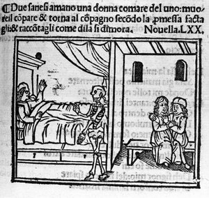 Ein Mann, der in die Frau seines Freundes verliebt ist, ersetzt ihn im ehelichen Heim, als er stirbt. Illustration zur Novelle 70 (Novelle 10 des sechsten Tages) des „Decameron“ von Giovanni Boccaccio (1313-1375), italienischer Schriftsteller. Gravur in „D