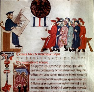 Ein mächtiger Mann hält eine Versammlung (Detail, Miniatur aus „Breve Populi et Compagniarum Pisani Communis“, 1300-1308)