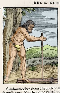 Ein Eingeborener entzündet ein Feuer, indem er zwei Holzstücke aneinander reibt. Gravur aus „Navigationi und Viaggi“ von Giovanni Battista Ramusio (1485-1557), Bd. III, Venedig 1565.
