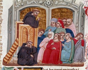 Ein Prediger, der eine Menge von Gläubigen anspricht. Miniatur aus „Dekret von Gratian“ (Concordia discordantium canonum oder Decretum Gratiani)