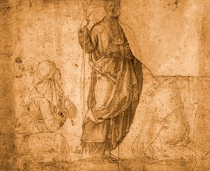 Ein Heiliger mit zwei knienden Frauen (Rötel auf Papier)