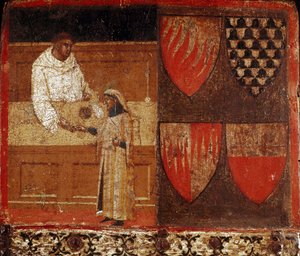 Ein Steuereintreiber und ein Steuerzahler Anonymes Gemälde auf Holz, das eine Biccherna (Umschlag des Rechnungsregisters der Stadt Siena) von 1340 dekoriert. Nationalarchiv - Museo delle Tavolette di Biccherna, Siena von Italian School