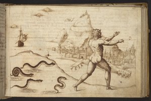 Schlangen verfolgen eine menschliche Figur, aus Historia Animalium, 1595