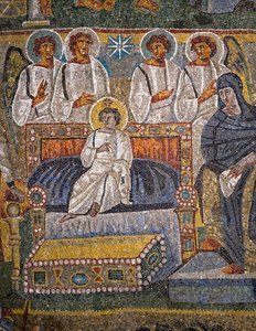 Anbetung der Heiligen Drei Könige, Detail von Christus umgeben von Engeln
