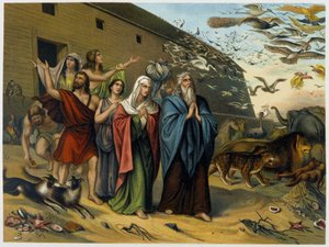 Nach der Sintflut, Noah, seine Familie und Tiere verlassen die Arche - in „Aurea Bibbia classica: storia della rivelazione divina nell