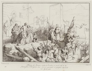 Alberico da Romano, Bruder von Ezzelino, ergibt sich mit seiner Familie den Trevisanern (Gravur) von Italian School