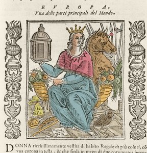 Allegorie Europas in Form einer reich gekleideten Frau, gekrönt, umgeben von Füllhörnern. Platte aus „Iconologia“ von Cesare Ripa (um 1550-1622)