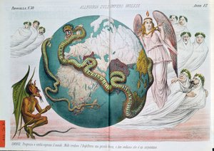 Allegorie des britischen Empire, das die Welt erwürgt, satirische Karikatur aus Le Perroquet (Il Papagallo), 1878