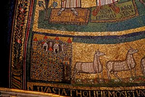 Apsis Detail, Jerusalem und Schafe (Mosaik)