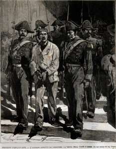 Verhaftung von Giovanni Passannante (1849-1910), der das Attentat auf den italienischen König Umberto I. in Neapel 1878 verübte. Dieses Ereignis inspirierte den Dichter Giovanni Pascoli zu einer Ode. Gravur aus dem 19. Jahrhundert