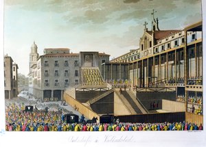 Auto da Fe in Valladolid, aus Le Costume Ancien et Moderne von Jules Ferrario, graviert von Bramati und Raineri, veröffentlicht in Mailand, ca. 1820