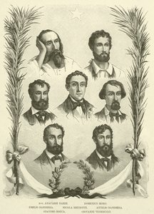 Avv Anacarsi Nardi, Domenico Moro, Emilio Bandiera, Nicola Ricciotti, Attilio Bandiera, Giacomo Rocca, Giovanni Venerucci (Gravur) von Italian School