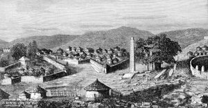 Axum (Aksum), die religiöse Hauptstadt Äthiopiens, um 1850. Nach einer Zeichnung des Entdeckers Gustavo Bianchi