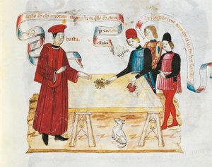 Bestechung eines Richters, Miniatur aus dem Buch der Privilegien, Manuskript, Italien 15. Jahrhundert