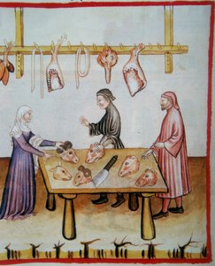 Schlachten von Tierköpfen. Illumination aus dem Codex Vindobonensis Series Nova 2644 (fol.76v), Tacuinum Sanitatis von Italian School