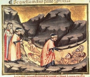 Canto XXXIII Dante und Virgil treffen Ugolino im Kreis der Verräter, aus der Göttlichen Komödie (Inferno), ca. 1313 von Italian School
