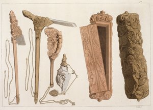 Geschnitzte und verzierte Aborigine-Werkzeuge, Illustration aus einer Sammlung von Reisebüchern des frühen 19. Jahrhunderts