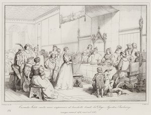 Cassandra Fedele singt improvisierte Verse beim Bankett des Dogen Agostino Barbarigo... von Italian School
