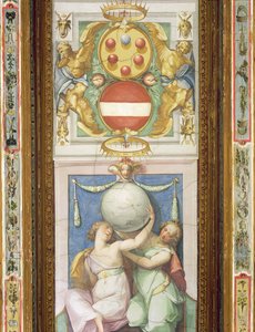 Deckenverzierung, die zwei weibliche Figuren zeigt, die einen Globus stützen: darüber eine Darstellung des Medici-Wappens von Italian School