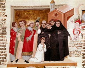 Zeremonie der Einkleidung eines Mönchs. Miniatur aus „Decretum Gratiani“ (Concordia discordantium canonum) von 1140, das die Gesetze und Kanones der römisch-katholischen Kirche regelt. 14. Jahrhundert, Siena, Biblioteca degli Intronati