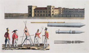 Chatham-Kaserne, eine militärische Bestrafung namens das Dreieck und Congreve-Raketen, Tafel 17 aus Die Geschichte der Nationen (Aquatinta)