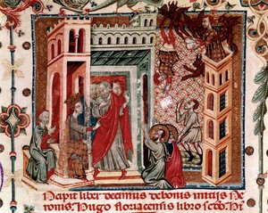 Codices Cavenses, Cod.25 f.181, Simon Magus, der Kaiser Nero und die Apostel, Miniatur aus Speculum Historiale, Teil I, von Vincent de Beauvais, ca. 1320