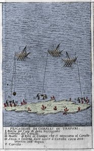 Korallenfischerei im Golf von Trapani in Sizilien, Darstellung kleiner Unterwasserinseln, auf denen Korallenbänke entstehen. Gravur aus „Stato Presente della Sicilia“ von Arcangelo Leanti, Palermo 1761 von Italian School