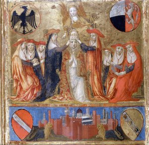 Krönung von Pius II. (Enea Silvio Piccolomini) (1405-1464). Italienischer Papst (1458-1464). Unten ist die befestigte Stadt Siena. Bicherna (Umschlag des Rechnungsregisters der Stadt Siena) von 1460. Nationalarchiv - Museo delle Tavolette de B von Italian School