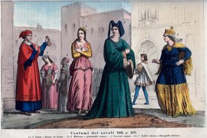 Kostüme in Siena zwischen dem XIII. und XIV. Jahrhundert - Kleidung in Siena zwischen dem XIII. und XIV. Jahrhundert - Gravur aus „Usi e Costumi di Tutti i Popoli dell