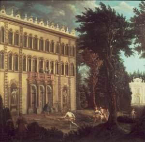 Landhaus mit eleganten Figuren (eines von einem Paar)