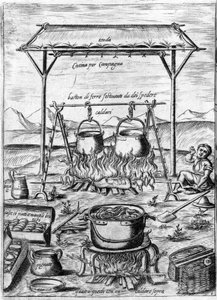 Landküche: Kessel und Töpfe stehen auf dem Feuer. Gravur aus „Opera“, Buch über Gastronomie in 6 Teilen, von Bartolomeo Scappi, persönlicher Koch von Papst Pius V. Venedig von Italian School