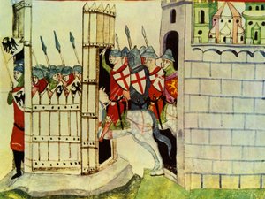 Kreuzritter, Miniatur aus den Chroniken von Giovanni Villani, 14. Jahrhundert