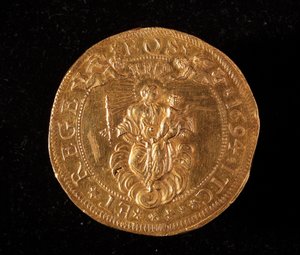 Währung der Republik Genua: 25 Gold-Doppie-Münze. Durchmesser 52,5 mm. 1694. Rückseite