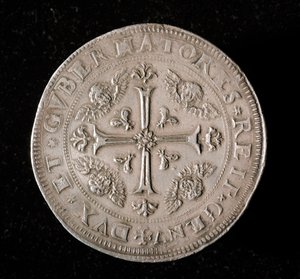 Währung der Republik Genua: Sechs-Ecus-Silbermünze. Durchm. 61,5 mm. 1715. Rückseite. Genua Musei di Strada Nuova (inv, M7156) von Italian School
