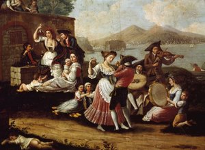 Tanzszene und Volksfest in Neapel Tarantella-Tänzer. Anonymes Gemälde. 18. Jahrhundert Neapel, Museo Nazionale di San Martino