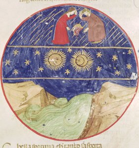 Dante und Beatrice betrachten das Zeichen der Zwillinge, die Planeten und die Erde, aus der Divina Commedia von Dante Alighieri (1265-1321) von Italian School