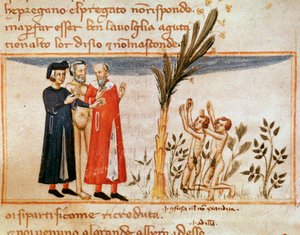 Dante und Vergil treffen Forese de Donati mit den Gefräßigen (Gesang 23 aus dem Fegefeuer, in der Göttlichen Komödie) - Miniatur
