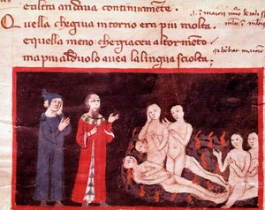 Dante und Virgil umgeben von den Gewalttätigen (Gesang 14 aus der Hölle, in der Göttlichen Komödie) - Miniatur 14. Jahrhundert