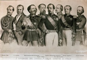 Verteidiger des Gesetzes und der Freiheit Italiens: von links nach rechts, General Manfredo Fanti (1806-1855), Camillo Benso, Graf von Cavour (1810-1861), König von Sardinien Vittorio Emanuele II (Victor Emmanuel), General Enrico Cialdini (1811-1892)