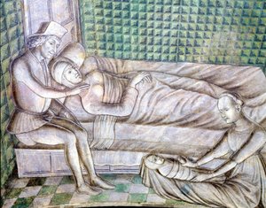 Detail eines Freskos der Burg Roccabianca in Parma aus dem Jahr 1480, heute im Castello Sforzesco in Mailand. Es stellt die Geschichte von Griselda dar, entnommen aus einer Kurzgeschichte aus Giovanni Boccaccios 