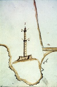 Detail einer handschriftlichen topografischen Karte des 17. Jahrhunderts, die die Position der Laterne von Genua zeigt von Italian School