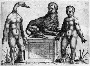 Verschiedene Arten von menschlichen Monstern: ein Mann mit dem Kopf einer Ente, ein Mann mit dem Körper eines Löwen und ein anderer mit Handflächen. Gravur aus „De monstrorum natura, causis et differentiis“ von Fortunio Liceti (1577-1656), italienischer Wi von Italian School